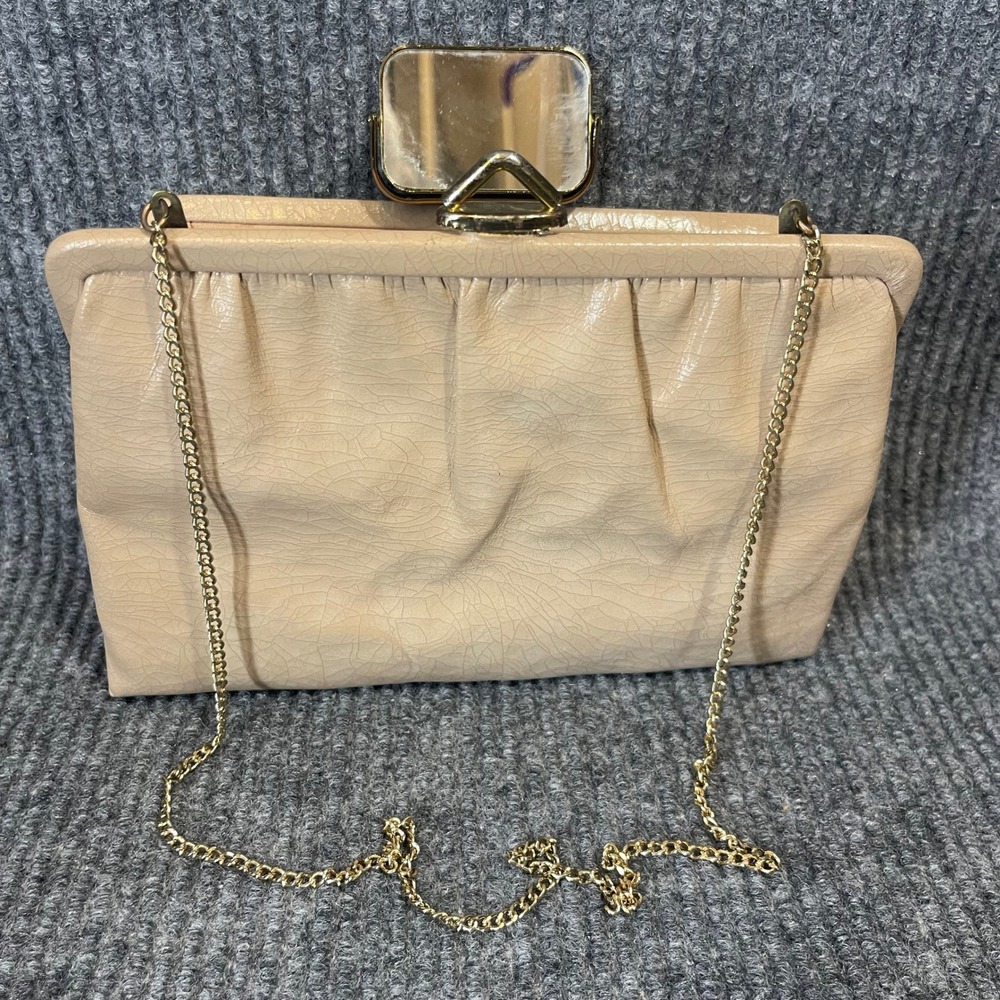 VTG‎ 50s Mardane MCM Handbag Champagne Clutch Chain Cracked Kiss Lock Mirror
